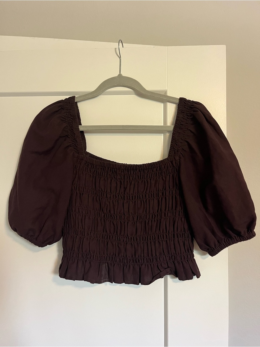 Rhythm Smocked Puff Sleeve Crop Top - Dark Brown
